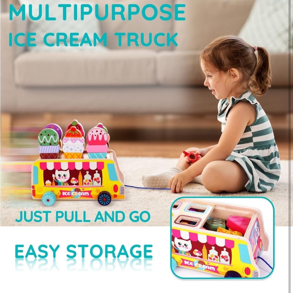 Colorful Wooden Ice Cream Truck Pull Toy with Magnetic Ice Cream blocks - Picture 2 of 12